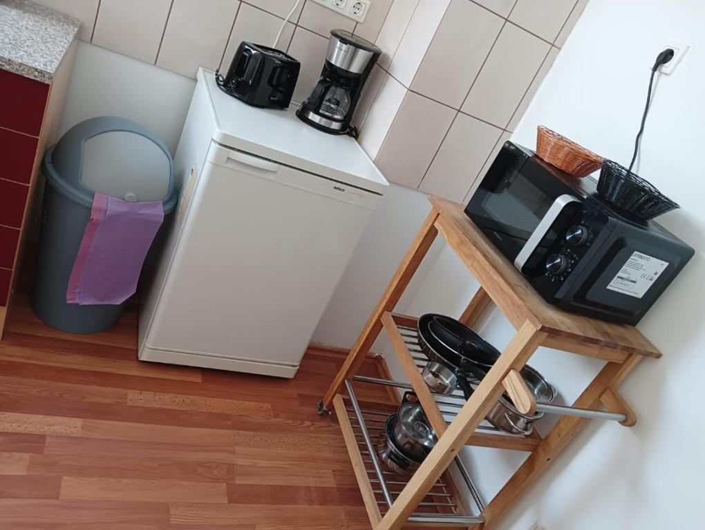 a small kitchen with a refrigerator and a microwave at Stella s Monteurswohnungen in Werdau