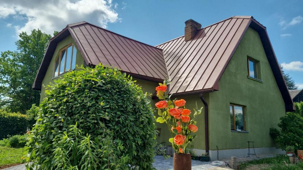 una casa verde con tetto marrone e fiori arancioni di Brīvdienu māja Koknesē a Koknese