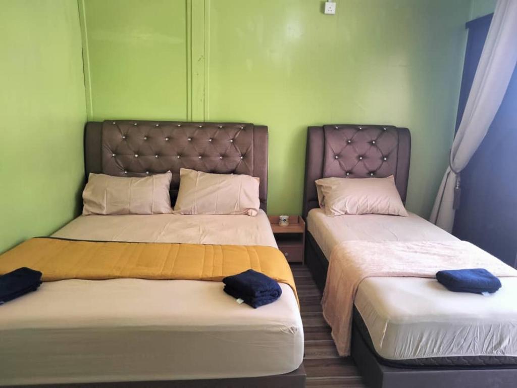 duas camas num quarto com paredes verdes em OCEANBOYS INN em Ilhas Perhentian