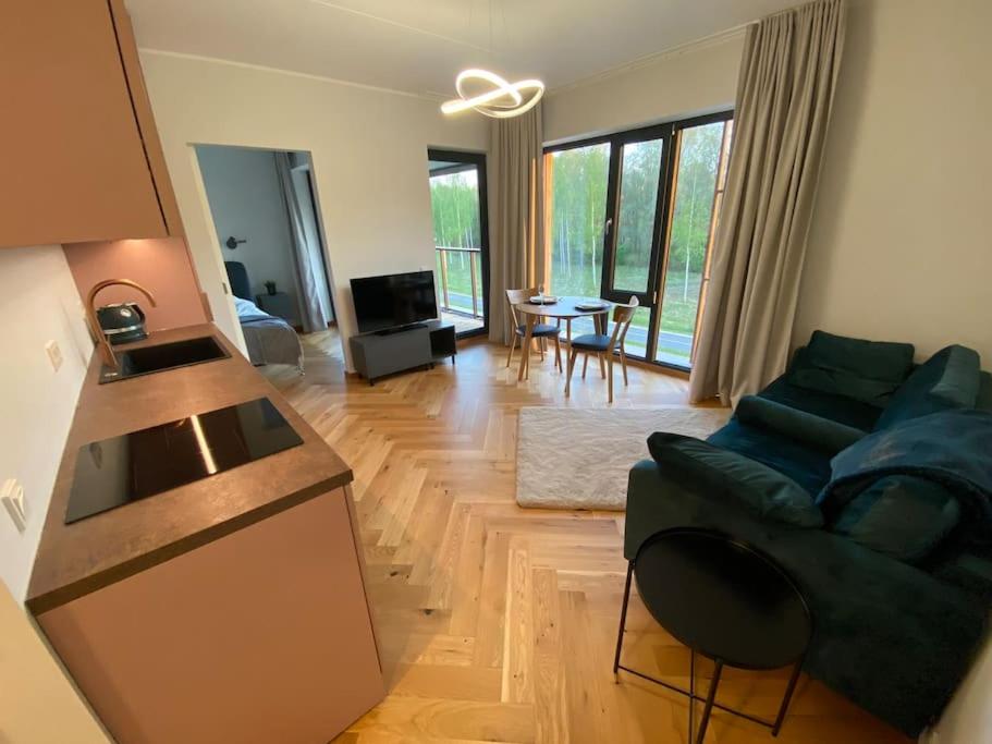 ein Wohnzimmer mit einem Sofa und einem Tisch in der Unterkunft Cozy apartment near the beach and the city center in Tartu