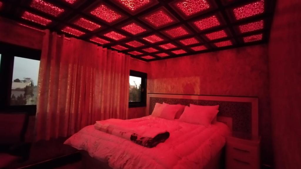 een rode slaapkamer met een bed met een kat erop bij villa HAKIM in Essaouira