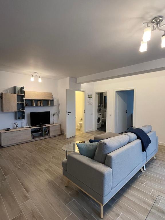 uma sala de estar com um sofá e uma televisão em Azzurro Apartment em Sibiu