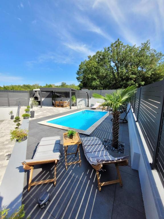 eine Terrasse mit einem Swimmingpool, zwei Stühlen und einer Palme in der Unterkunft Apartment Lo&Ti in Čižići