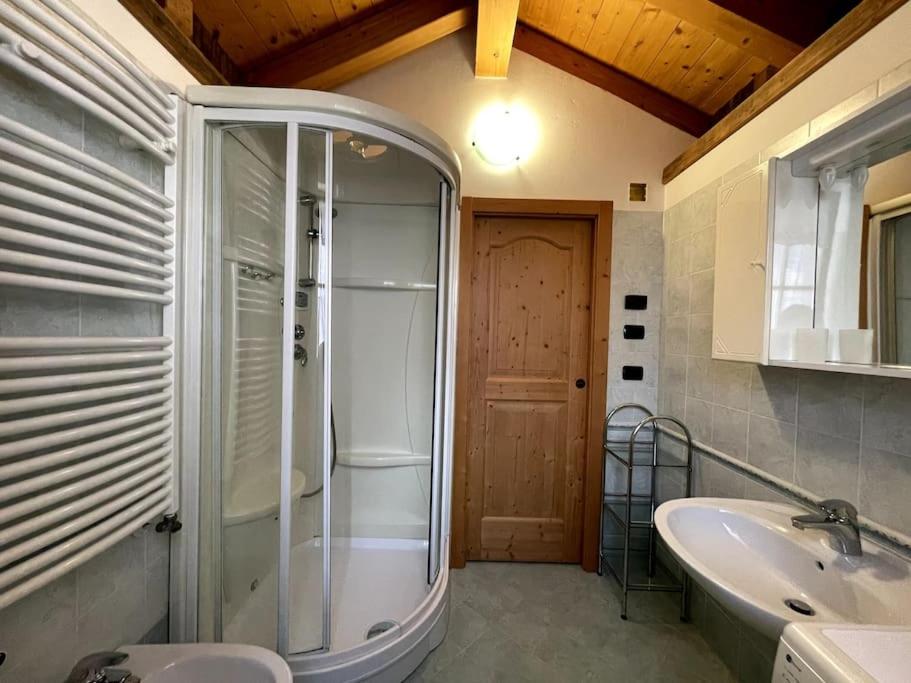 a bathroom with a shower and a sink at Incantevole appartamento Saslonch, con parcheggio privato in Soraga