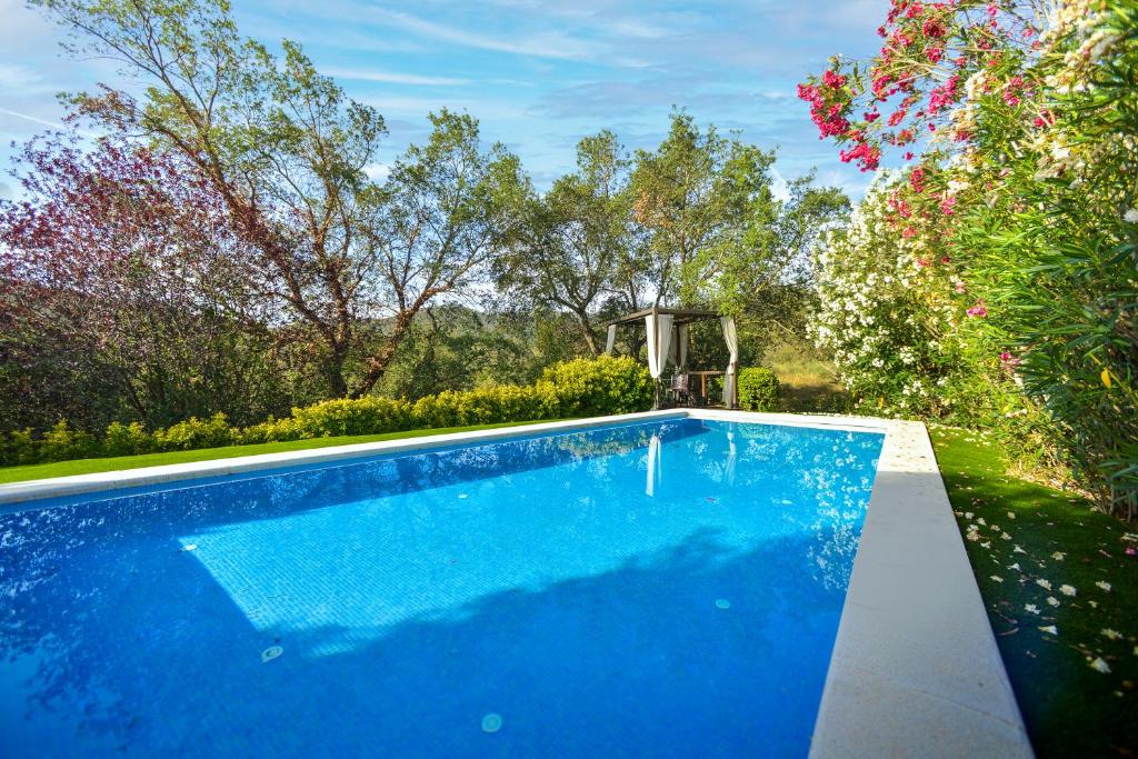 una piscina blu in un cortile alberato di Casa gabriela a Calonge