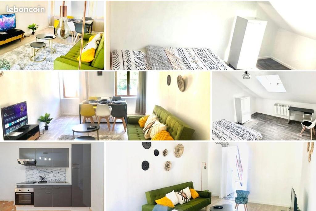 un collage di foto di un soggiorno e di una cucina di LE DUPLEX ESTHER WIFI PARKING GRATUIT TOUTE LA RUE Pour 5 PERSONNES a Sedan