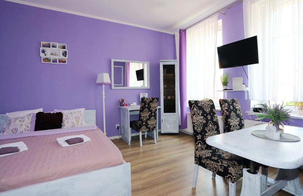Televízia a/alebo spoločenská miestnosť v ubytovaní Apartament Lawendowy