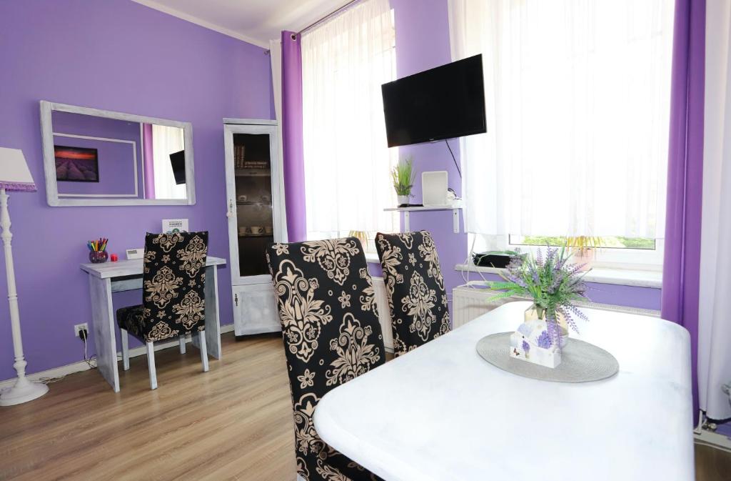 Televízia a/alebo spoločenská miestnosť v ubytovaní Apartament Lawendowy