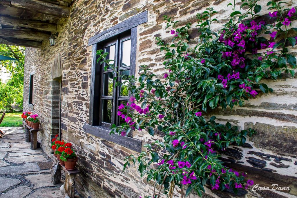 a window with purple flowers on the side of a building at Casa Rural Dana in Castelo