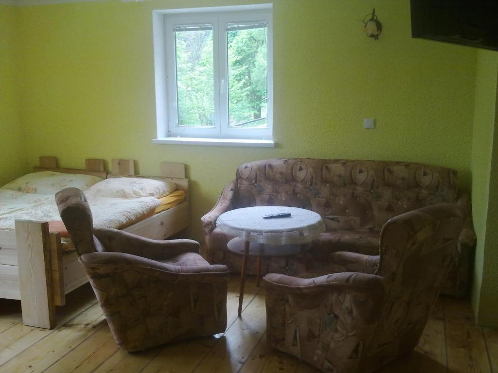 a living room with a couch and a table and a bed at Penzion Apartmány Bečov in Bečov nad Teplou