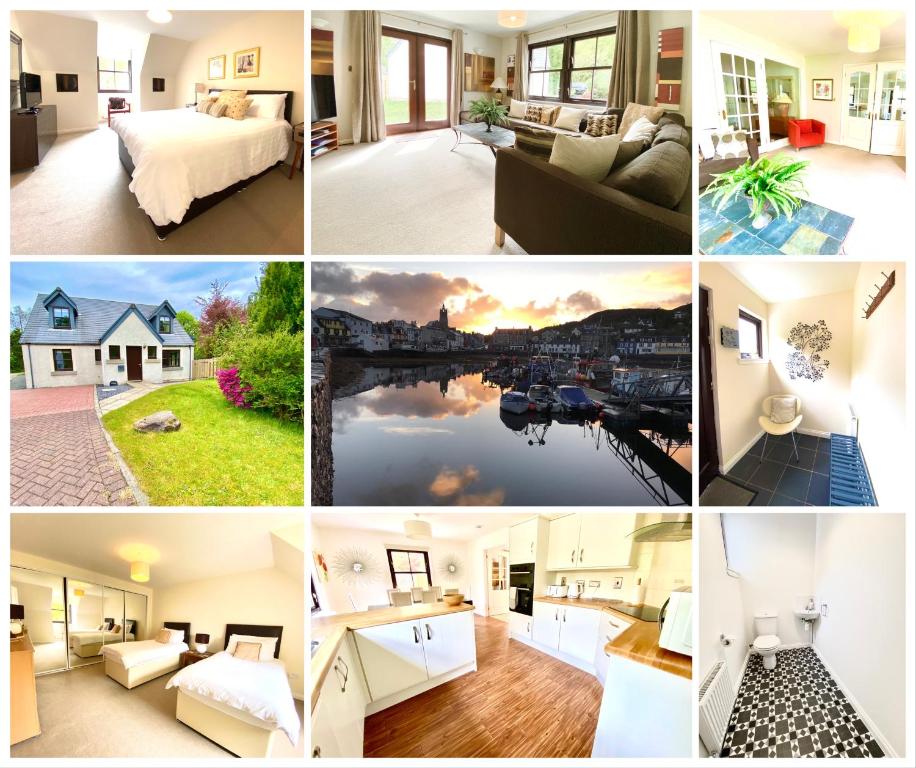 un collage de fotos de una casa en Lochindaal - Beautiful, Spacious 4 Bedroom House in Kintyre en Whitehouse