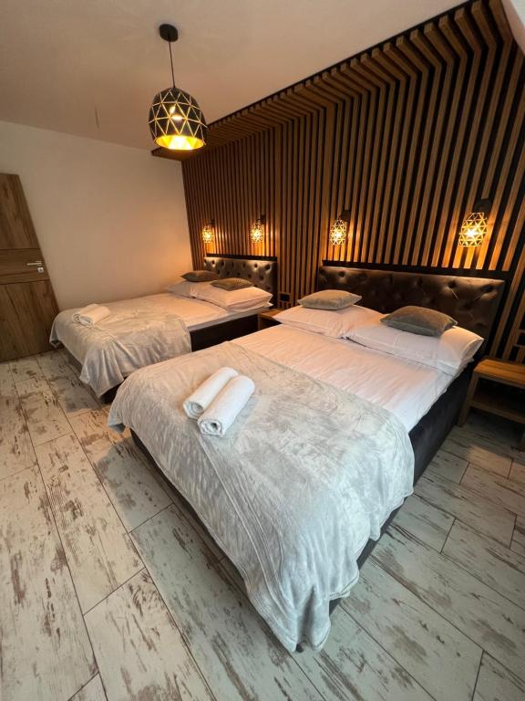 波罗宁Apartament KALINA - Ostoya Twoya的一间有两张床和一盏枝形吊灯的卧室