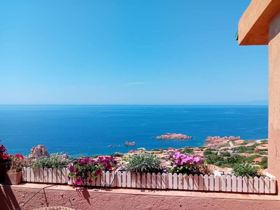 a view of the ocean from a balcony with flowers at Belvedere-InfinityHolidays in Costa Paradiso