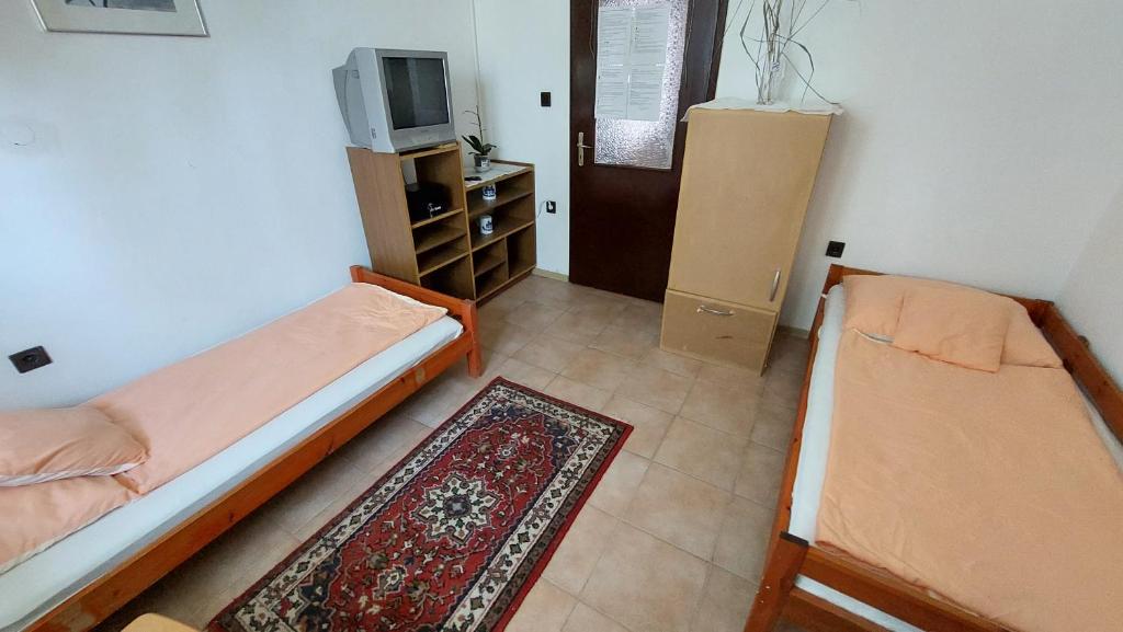 a room with two beds and a tv and a rug at Malom-tavi vendeghaz in Tapolca