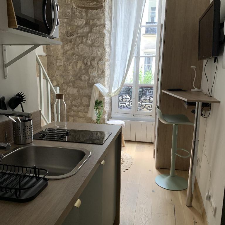 une cuisine avec un évier, une cuisinière et une fenêtre dans l'établissement STUDIO PARIS ODEON, à Paris