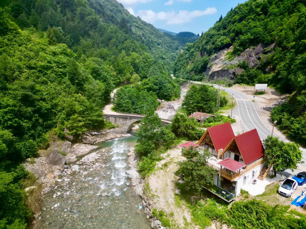 eine Luftansicht auf einen Fluss und eine Brücke in der Unterkunft Taşköprü Suit Bungalov in Hemşin