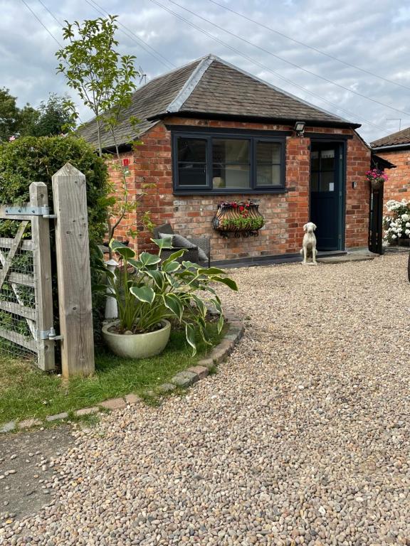 een hond staat buiten een stenen huis bij Cherry Cottage 