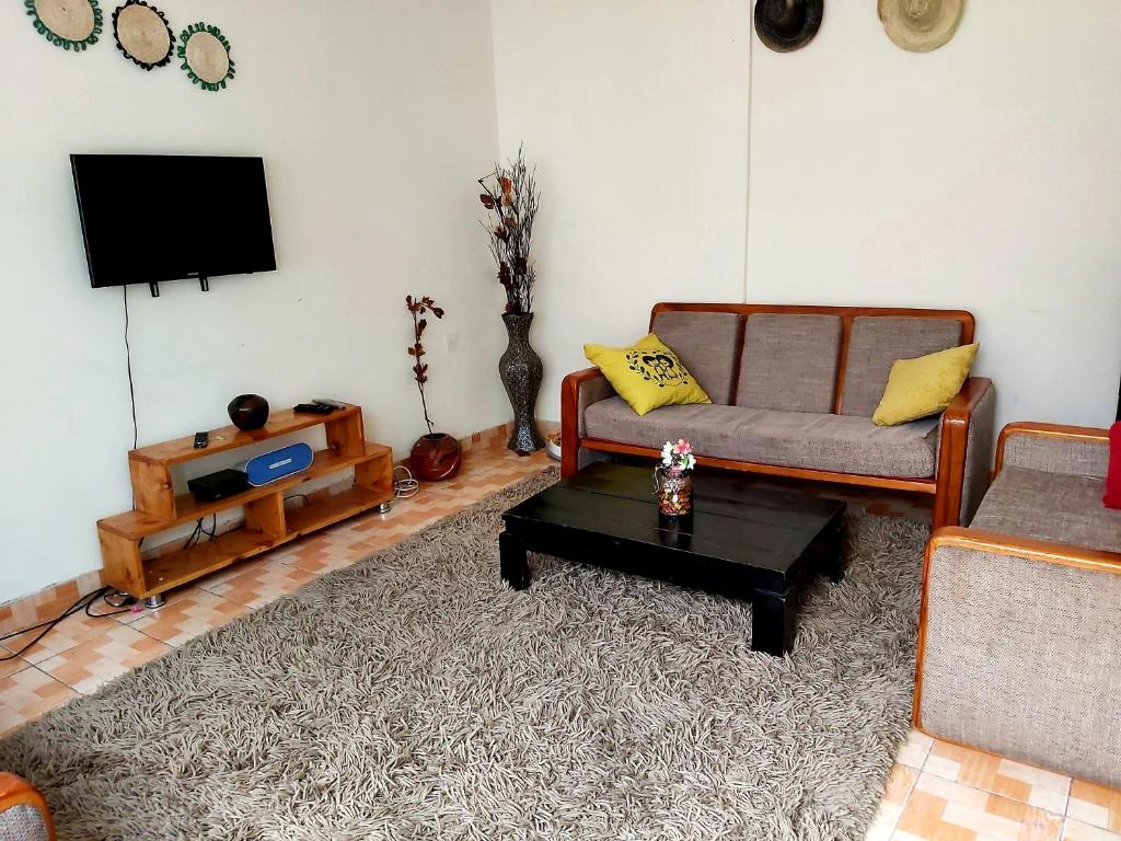 a living room with a couch and a tv at Comfy House 5 mins to Bole Airport in Addis Ababa