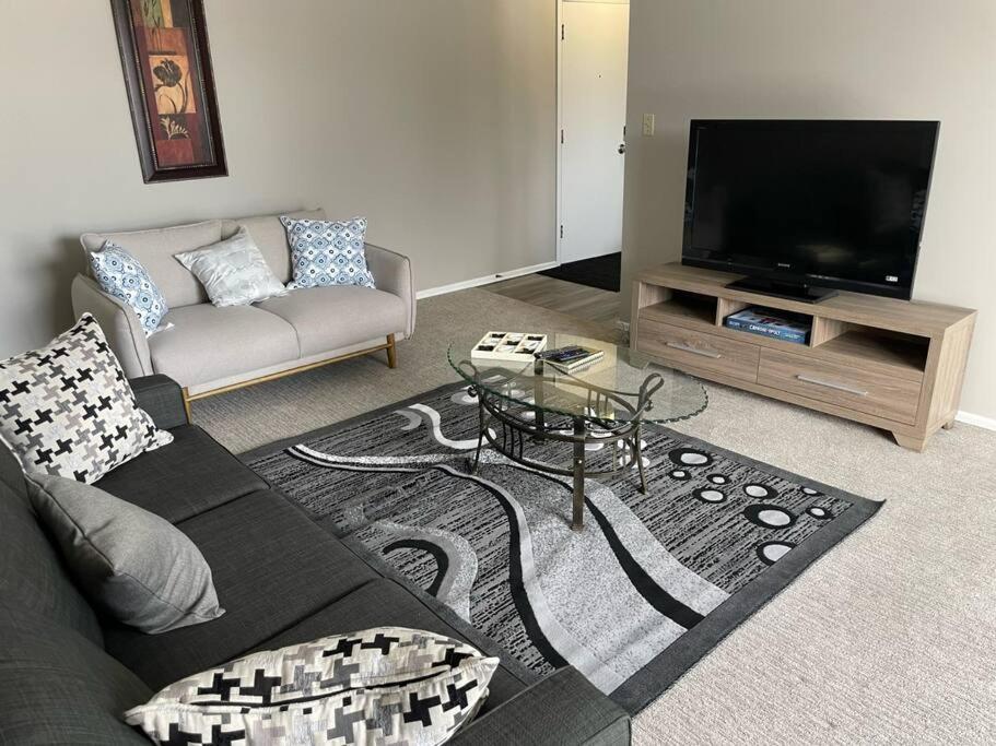 sala de estar con sofá y TV de pantalla plana en Exquisite 2 Bedroom Apartment, en Camrose