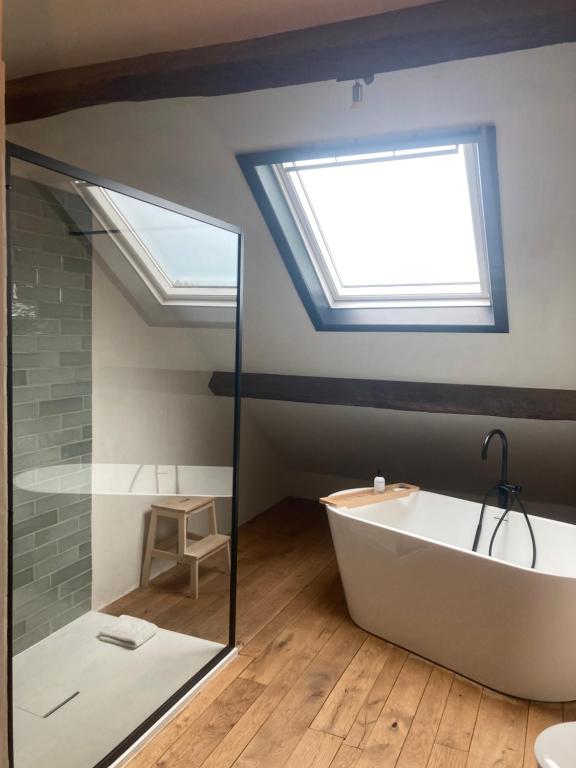 a bathroom with a bath tub and a skylight at Monsieur Doute in Durbuy