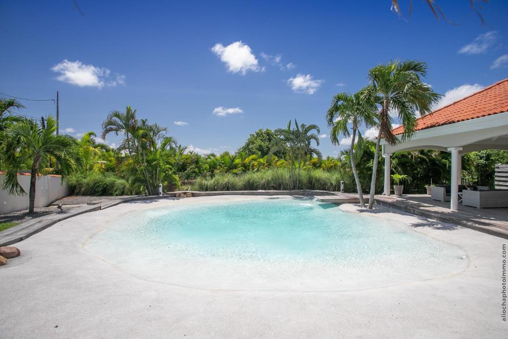 einen großen Pool in einem Garten mit Palmen in der Unterkunft Villa Fleur de Sable in Le François