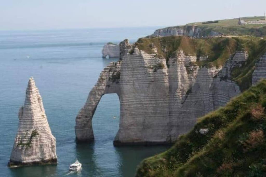 une formation rocheuse dans l'océan avec un bateau dans l'eau dans l'établissement Les falaises d Etretat Etretat hypercentre duplex 50m de la mer & parking, à Étretat