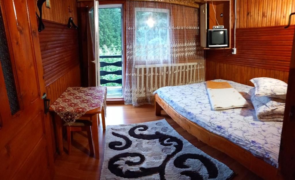 a bedroom with a bed and a television and a chair at PERLA CĂLIMANILOR in Vatra Dornei