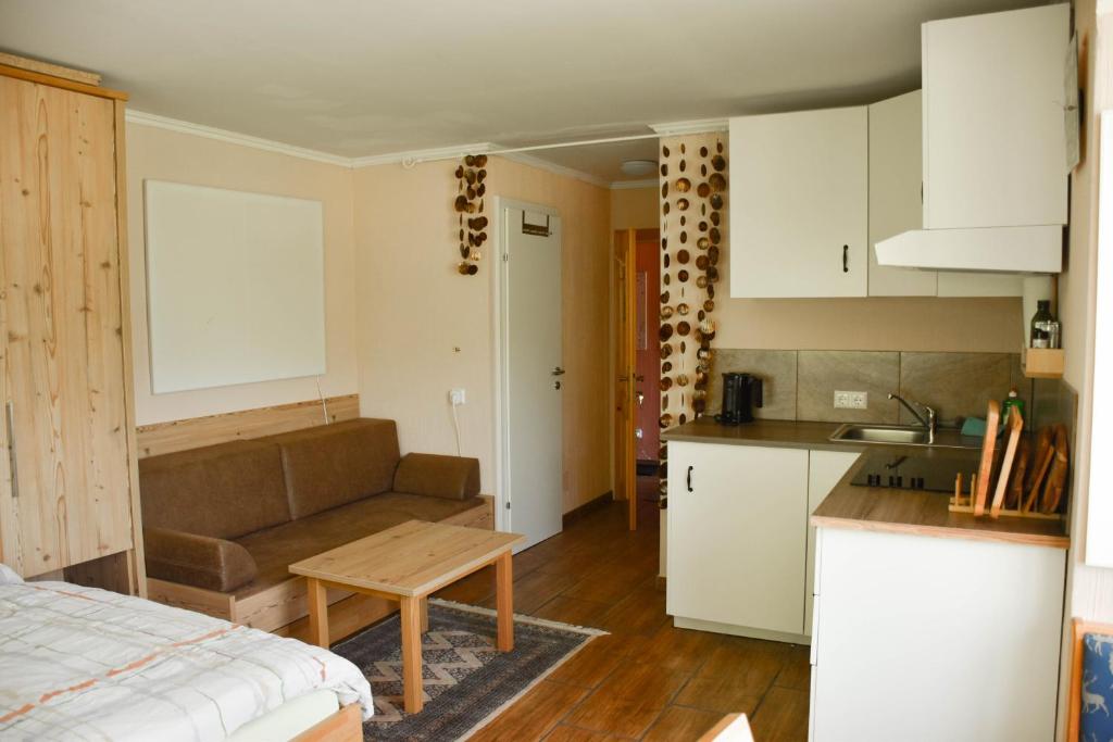 una cucina con divano e tavolo in una camera di Ferien am Bischofsberg - Edlbach 31 a Windischgarsten