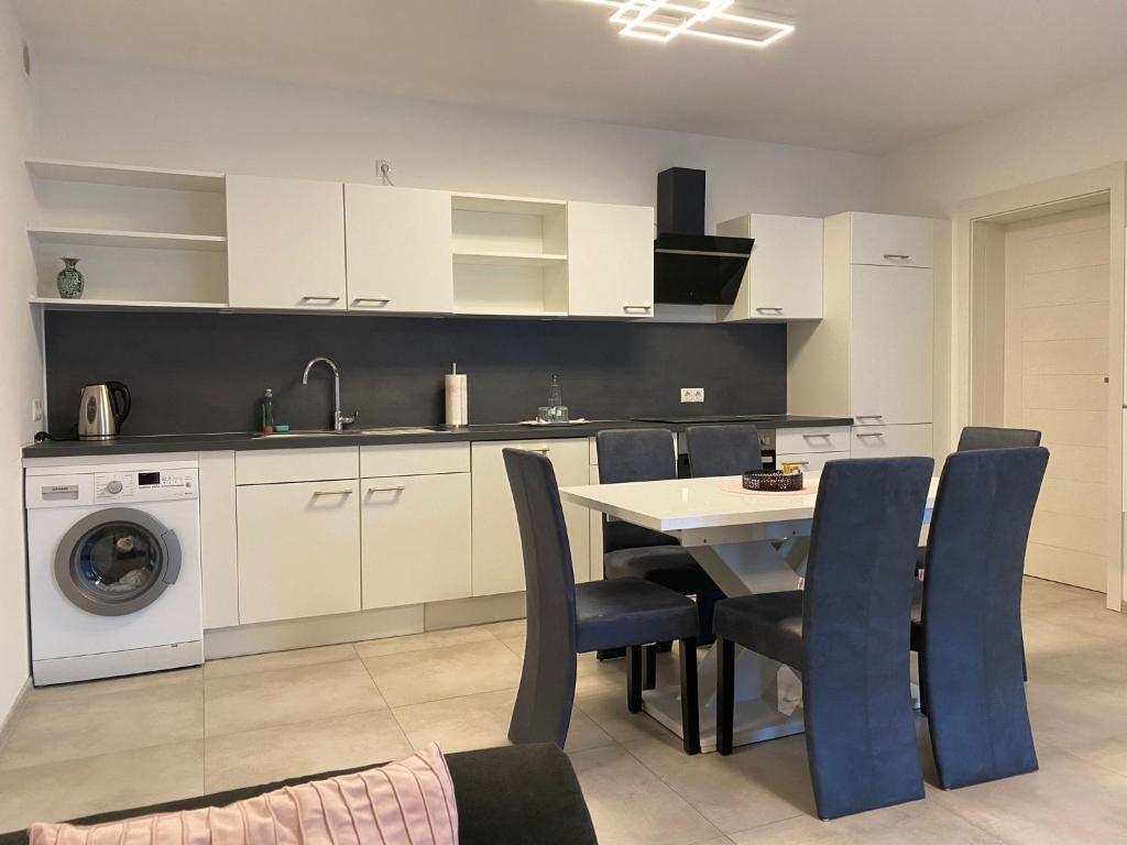 una cucina con tavolo, sedie e lavatrice di Rhein Appartements a Rheinhausen