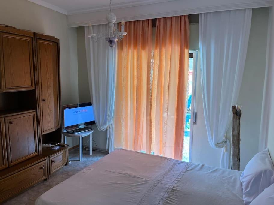 um quarto com uma cama, uma televisão e uma janela em Nectarios seaside apartment. em PalaiónTsiflíkion