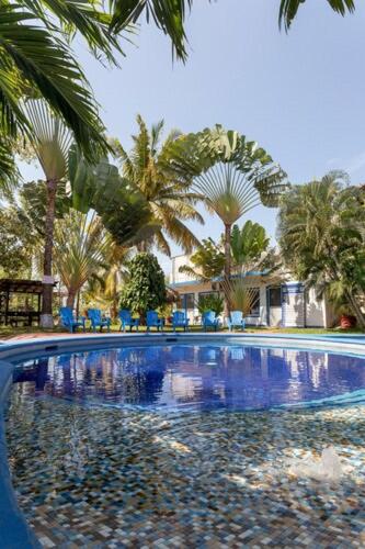a large swimming pool with palm trees and a building at Hotel Rivera Del Mar in Puerto Escondido