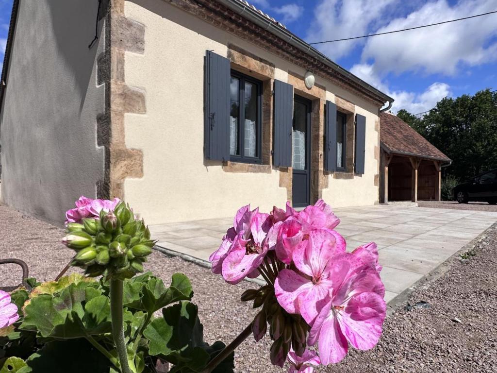 a purple flower in front of a house at Gîte Isle-et-Bardais, 3 pièces, 6 personnes - FR-1-489-331 in Isle-et-Bardais