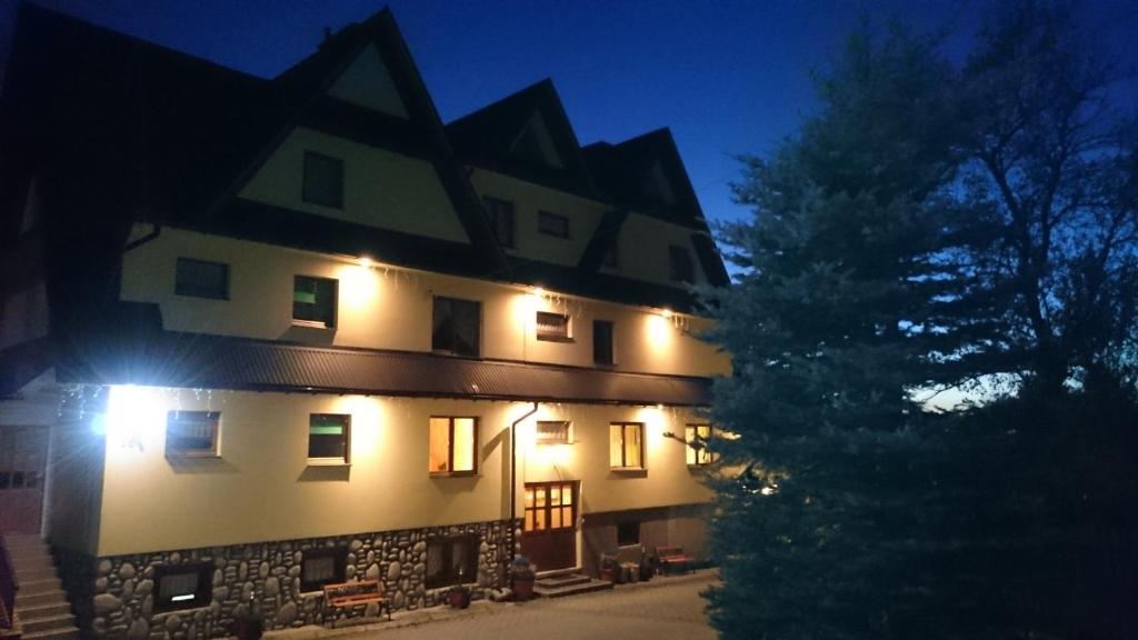 布科維納塔特贊斯卡的住宿－塔拉米旅館，一座在晚上有灯的大建筑