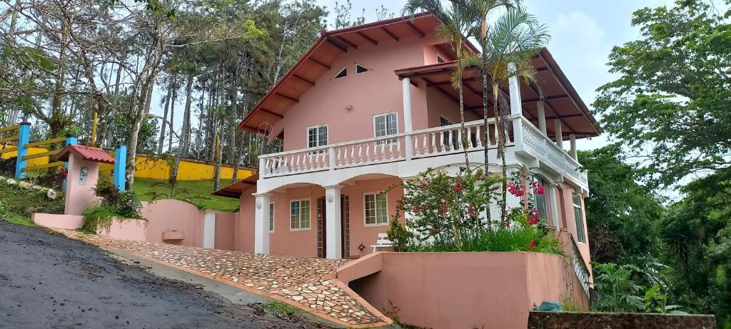 a pink house on the side of a road at Villa Monos y Momotos in Los Altos de Cerro Azul