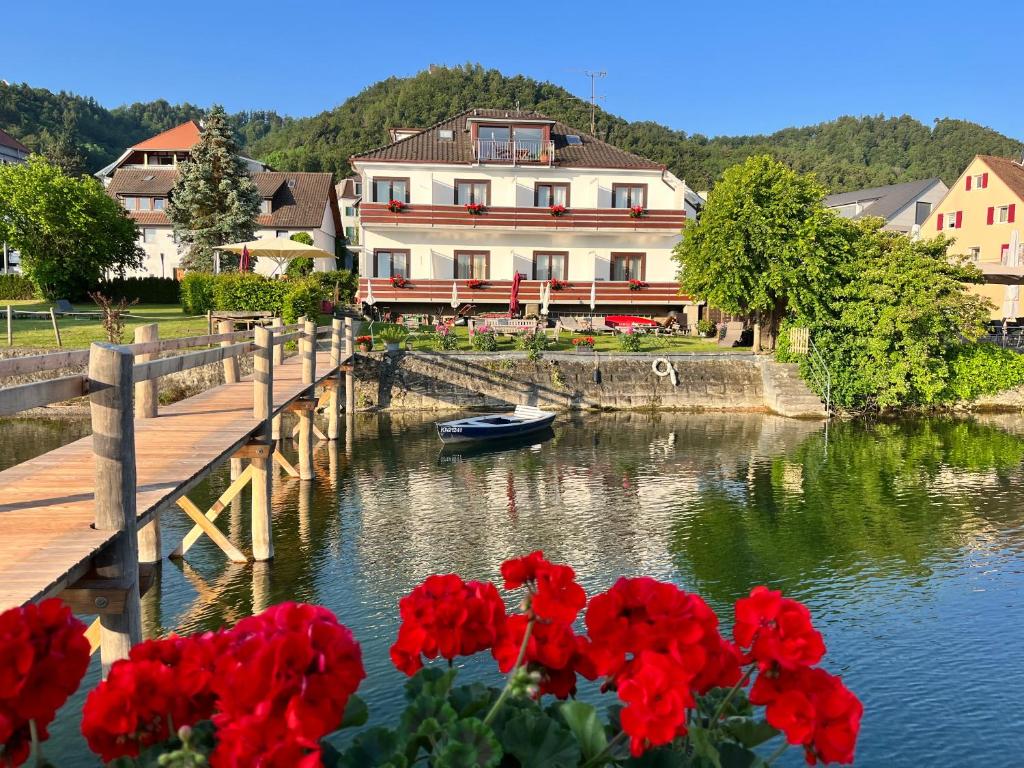 un grupo de flores rojas delante de un edificio en Hotel Sommerhaus Garni am See, en Bodman-Ludwigshafen