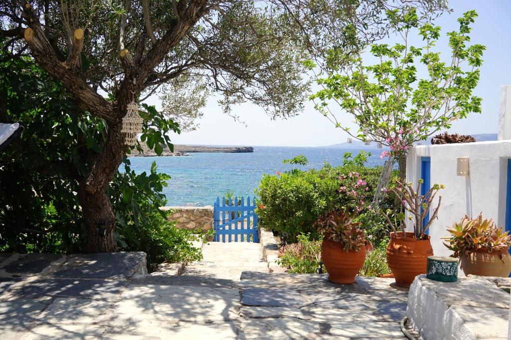 a pathway with plants and a blue fence and the ocean at Rocky Beach House in Kýthira