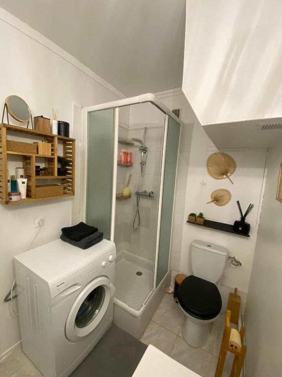 a bathroom with a shower and a washing machine at studio confortable 30 m2 proche plage in La Seyne-sur-Mer