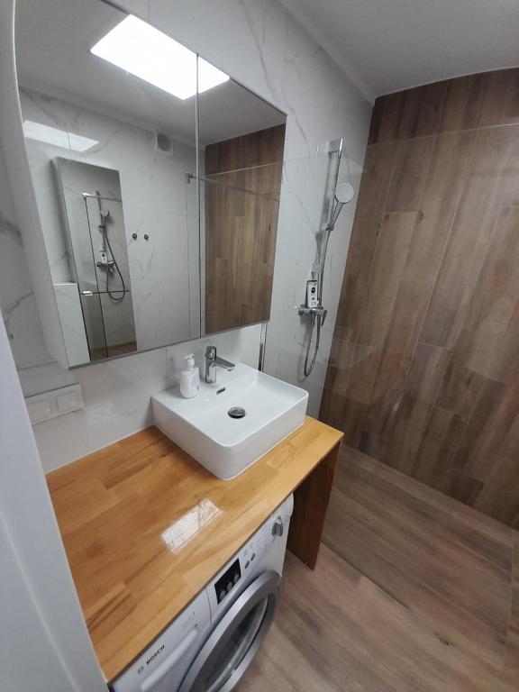 uma casa de banho com um lavatório branco e um chuveiro em Apartament Leszczynki em Gdynia