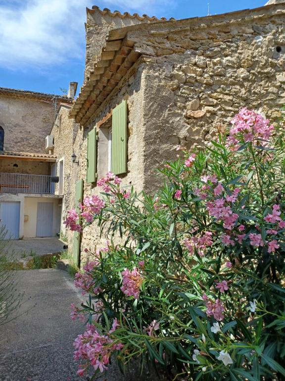 a stone house with pink flowers in front of it at Maison de village en pierre in Mollans-sur-Ouvèze