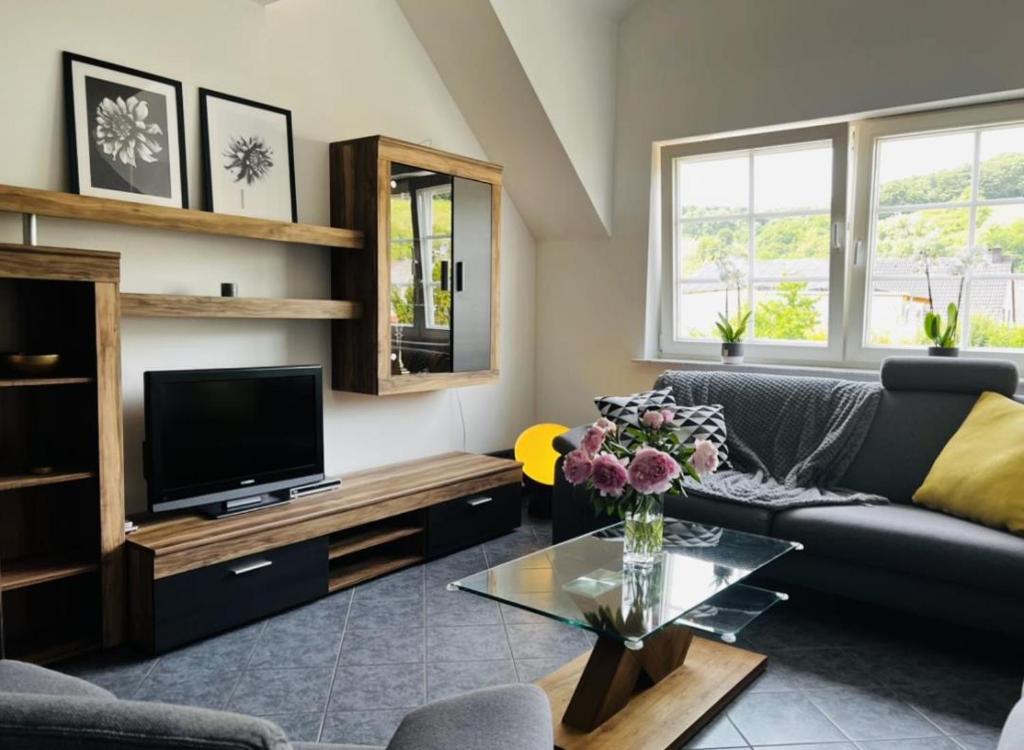 TV a/nebo společenská místnost v ubytování Modernes Ferienhaus Sauerblick