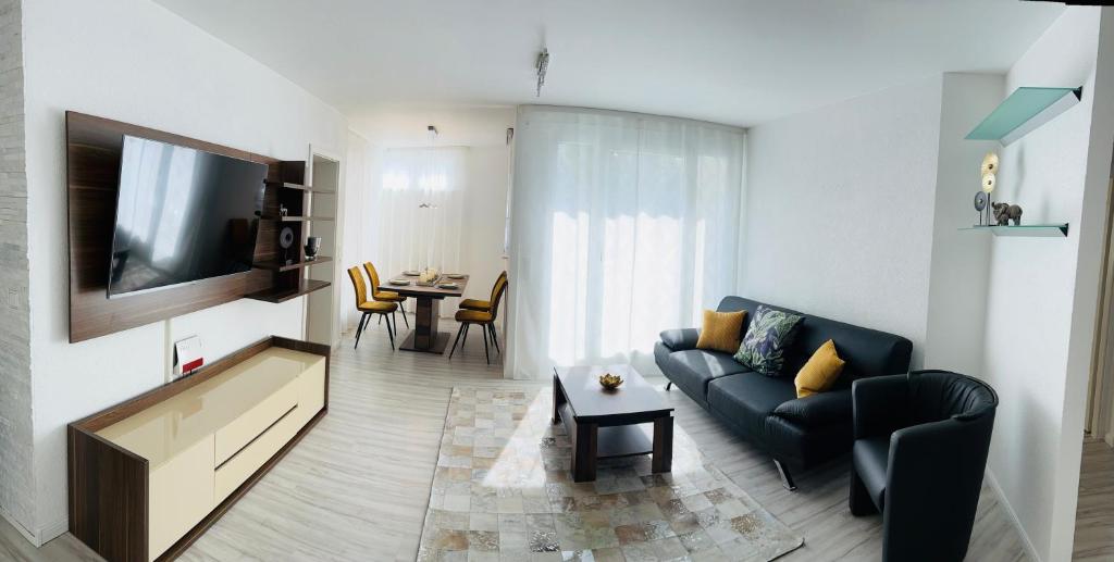 Apartment Künzelsau في كونتسلزاو: غرفة معيشة مع أريكة وتلفزيون