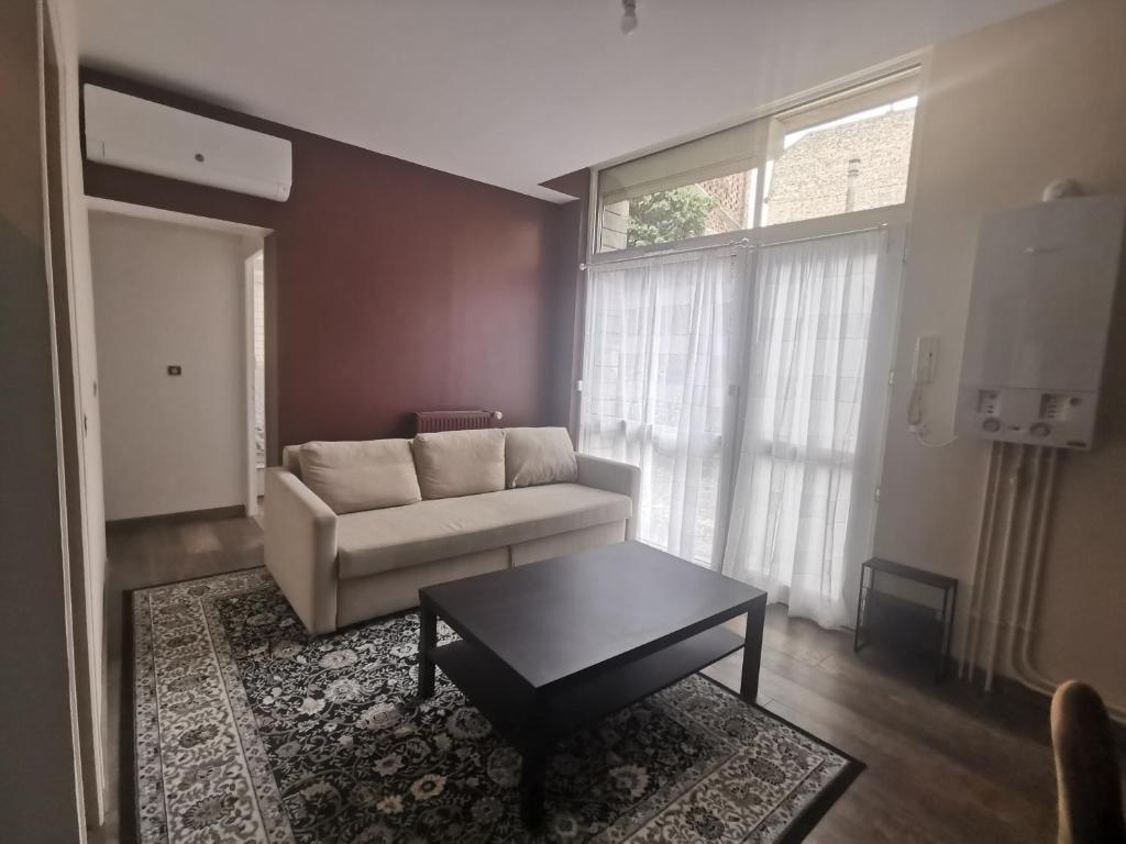 uma sala de estar com um sofá e uma mesa de centro em Très bel appartement climatisé à deux pas de la cathédrale em Reims