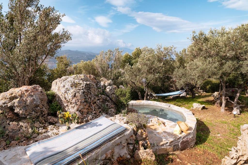 una piscina en un jardín con rocas y árboles en Beautiful Cottage over-viewing Samos bay., en Samos