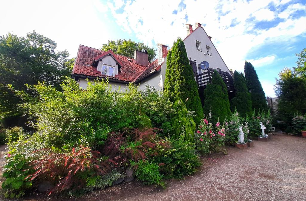 una casa con un montón de plantas delante de ella en Strażnica Komtura, en Mikołajki