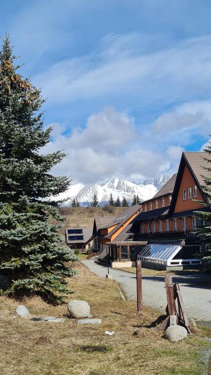 um pinheiro em frente a um edifício com montanhas cobertas de neve em Hotel Sipox em Štrba