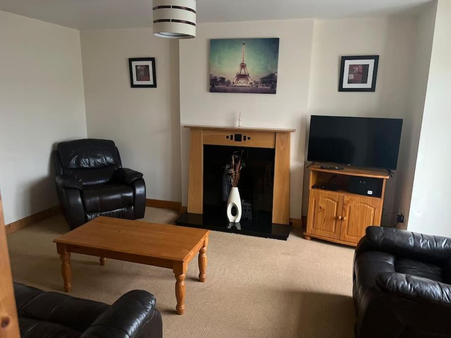 a living room with a guitar in a fireplace at Modern 4 Bed House in town in Tobercurry