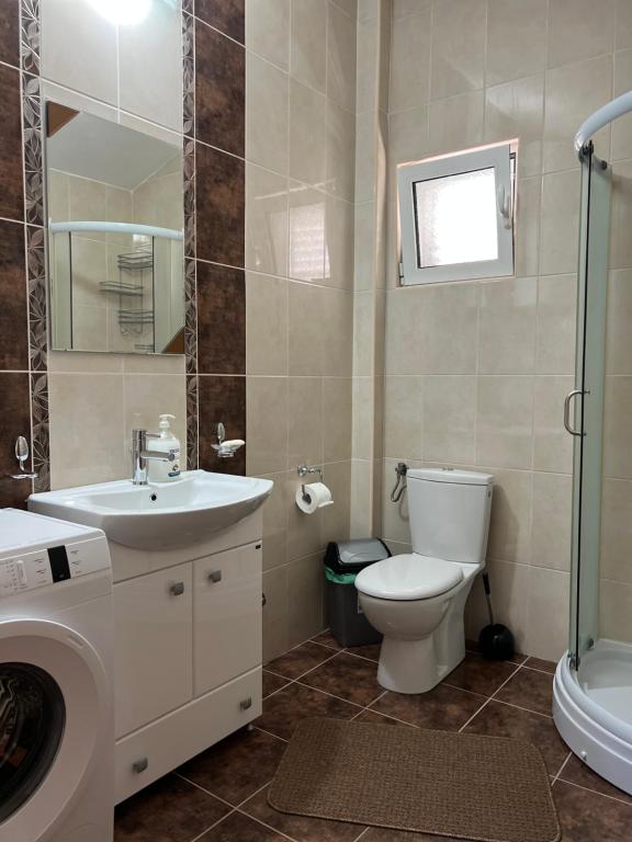 y baño con aseo, lavabo y ducha. en Villa Pari Apartment en Kotor