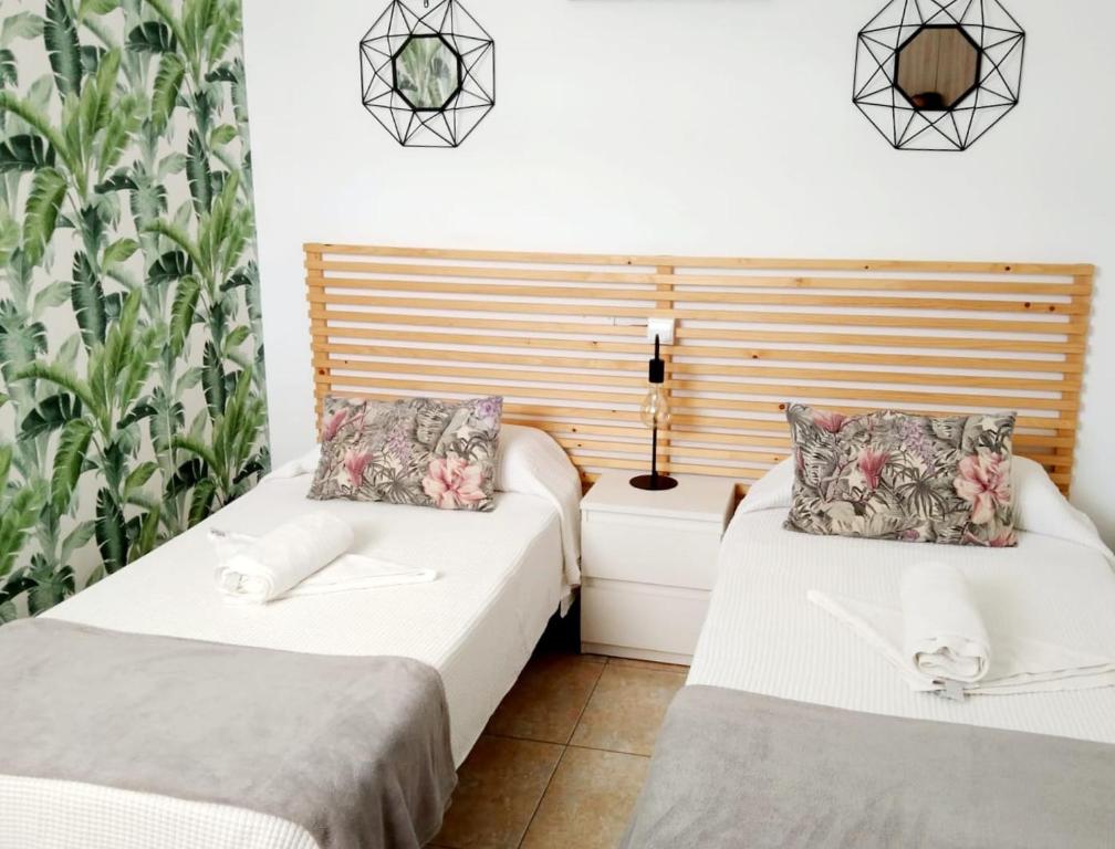 2 camas en una habitación con plantas en la pared en Vivienda Vacacional Hábitat Tropical en Maspalomas