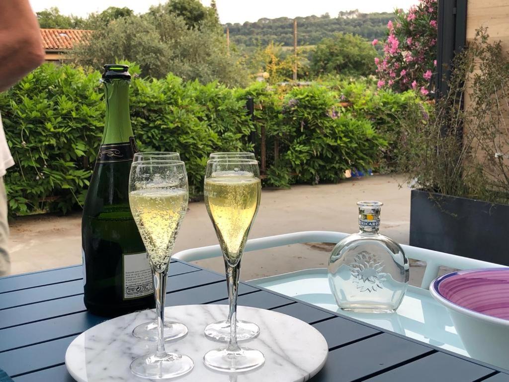 two glasses of champagne and a bottle on a table at Aux Couleurs Miel in Montolieu