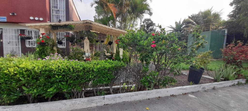 un jardin avec des fleurs en face d'une maison dans l'établissement Sweet Home, à Amatitlán